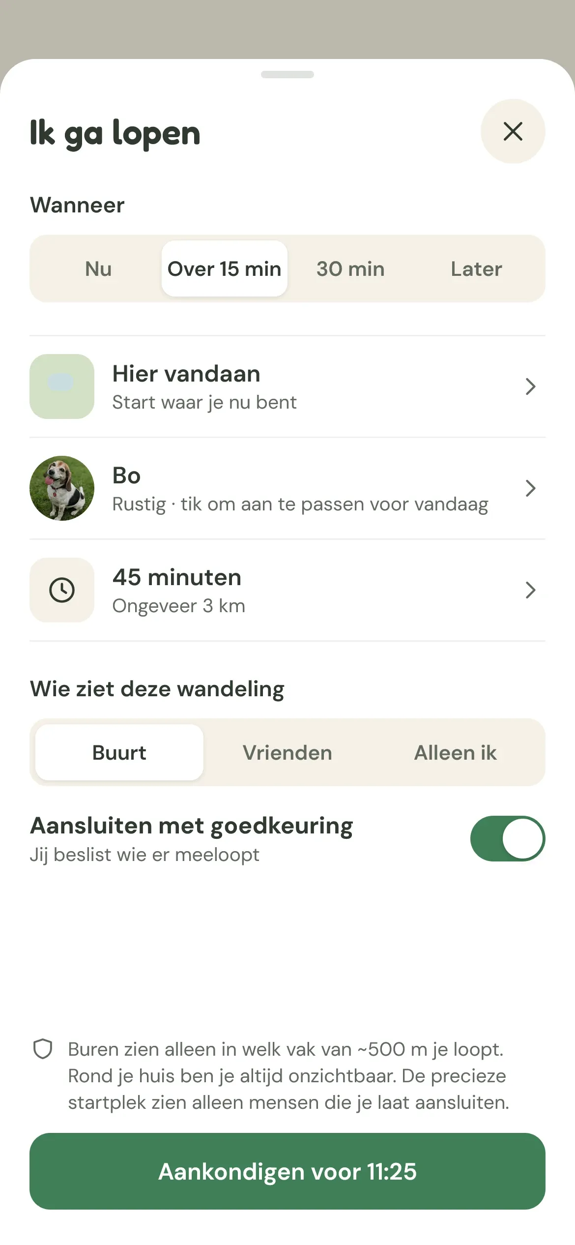 Het scherm Ik ga lopen: kies wanneer, waar, hoe lang en wie het mag zien.