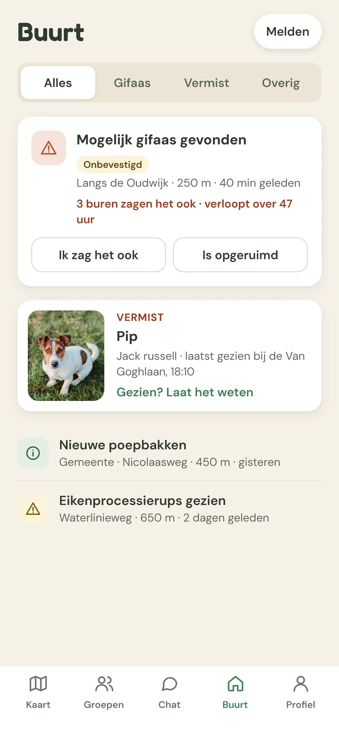 Buurtmeldingen: een gifaasmelding die buren hebben bevestigd en een vermiste hond.