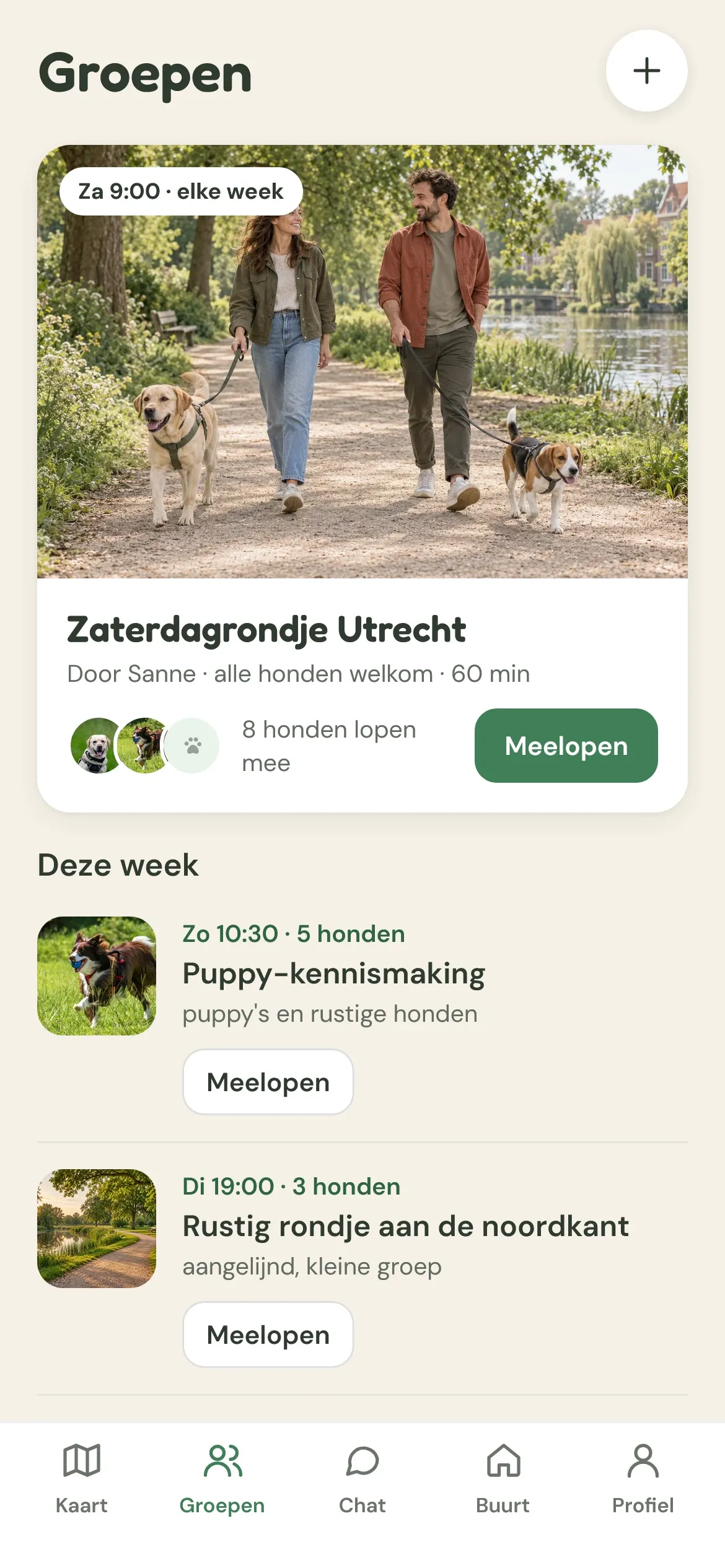 Groepswandelingen in de buurt, zoals het zaterdagrondje en een puppy-kennismaking.