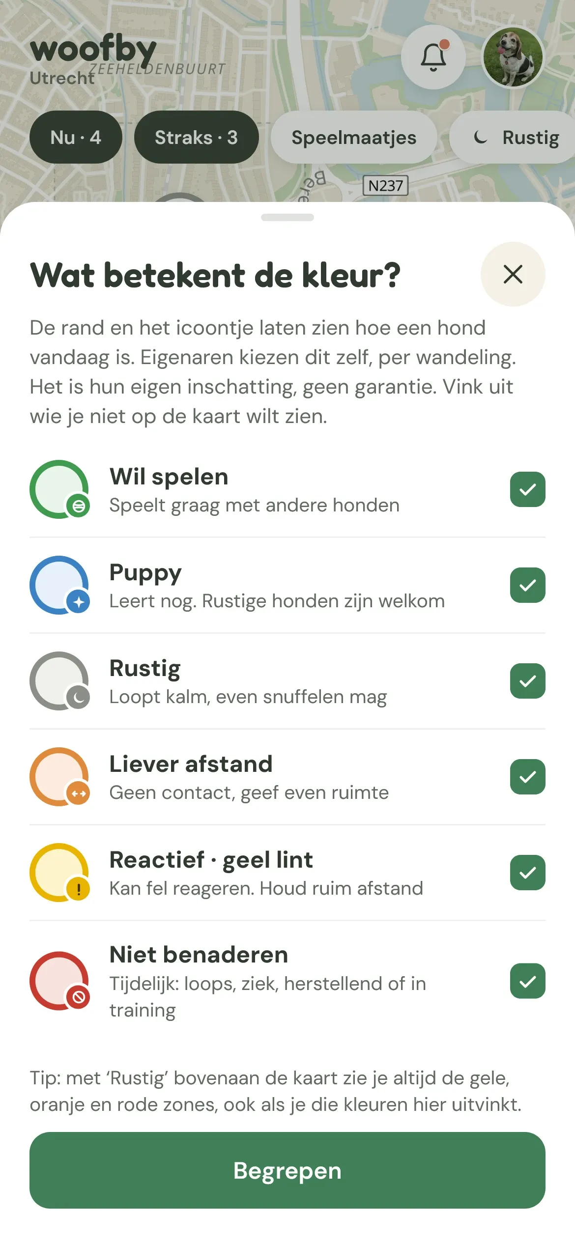 De legenda in de app: zes gedragskleuren die je aan of uit kunt zetten.