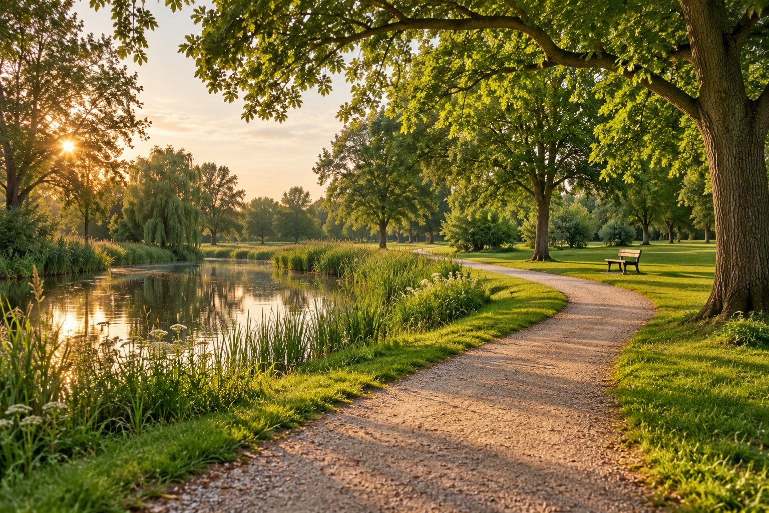 Een rustig parkpad langs een vijver, met een bankje en avondzon. Niemand op het pad.