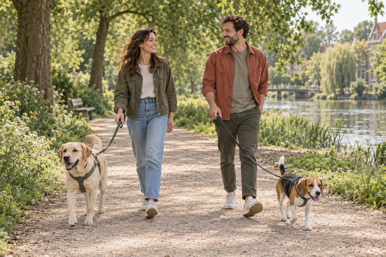 Twee buren lopen lachend naast elkaar door het park, elk met een eigen hond aan de lijn: een labrador en een beagle.