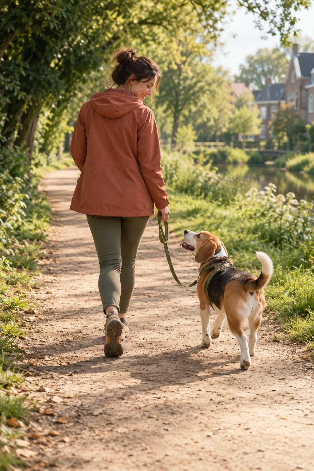 Een vrouw in een terracotta jas loopt met haar beagle over een zandpad langs het water.